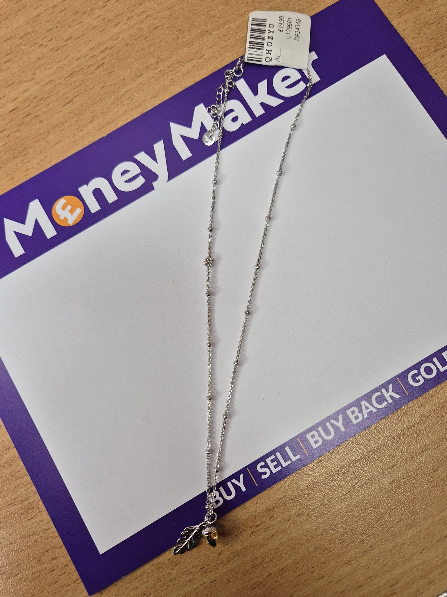 Silver Necklace with Acorn and Leaf Pendant