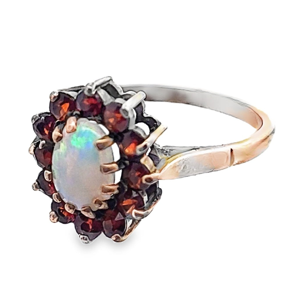 9CT Antique Gold and Opal Ring with Red Gems