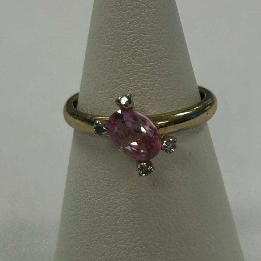 9CT Gold With Pink Gem & Diamond Ring - Size M