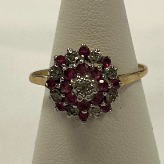 9CT Gold & Diamond With Pink Stones Ring -  Size Q