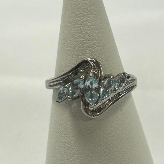 9CT White Gold With Five Light Blue Gems Ring - Size N