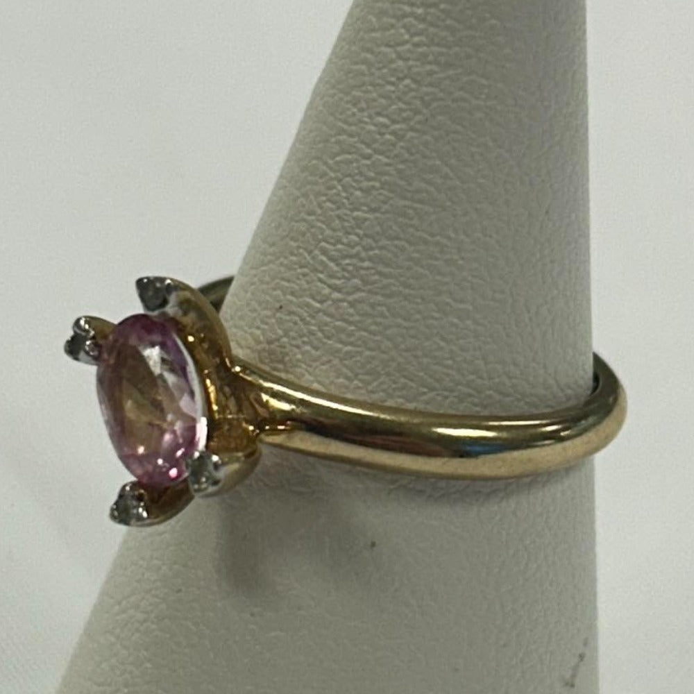 9CT Gold With Pink Gem & Diamond Ring - Size M