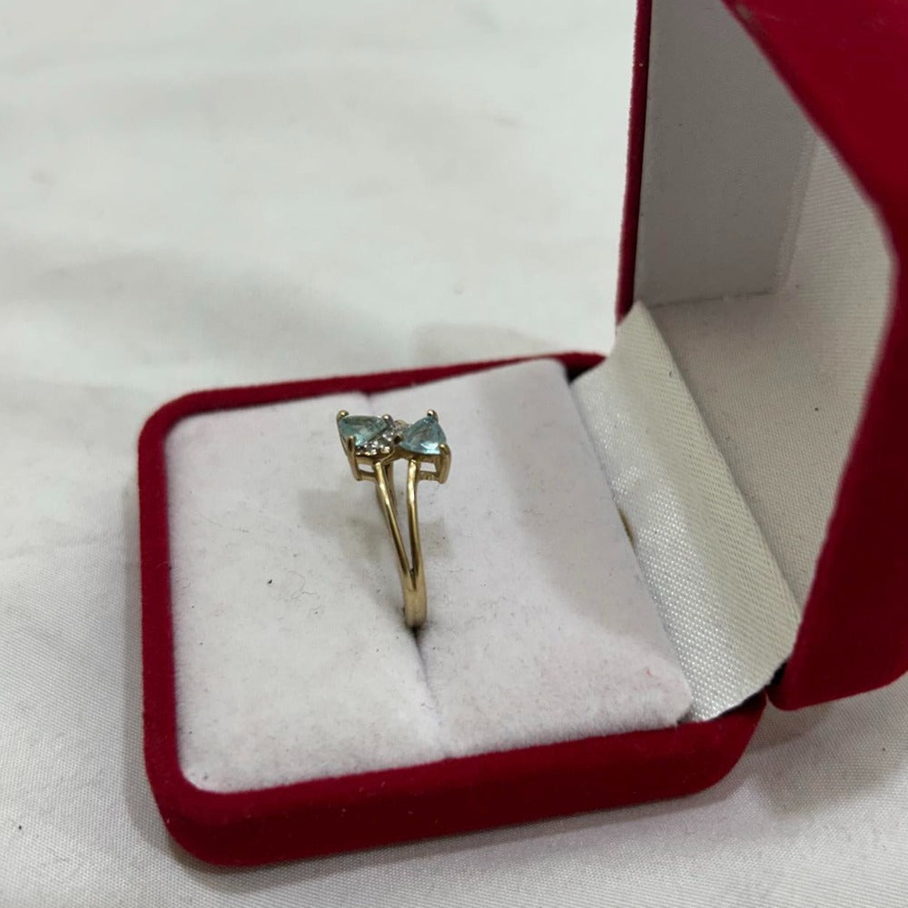 9CT Gold Ring with sparkling Gems &  Two Large Light Blue Coloured Gems