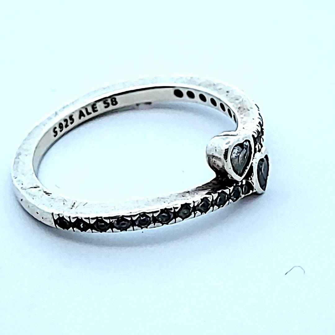 Pandora Sterling Silver Two Sparkling Hearts Ring Size Q - My Money Maker 