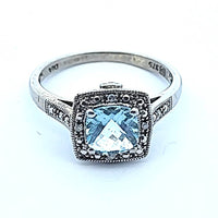 9 Carat White Gold Art Deco Style Ring with Square Blue Gem size M - Money Maker 