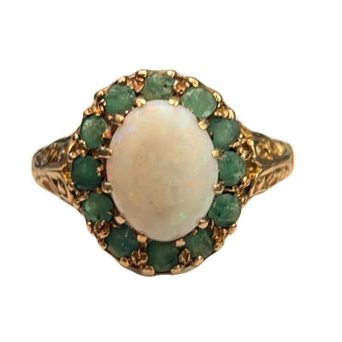 9CT Gold Vintage Opal & Emerald Ring  - Size P