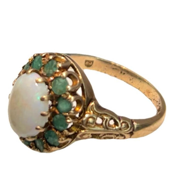 9CT Gold Vintage Opal & Emerald Ring  - Size P