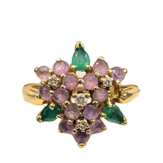 18ct Gold Ring with Green & Pink Stones - Size M