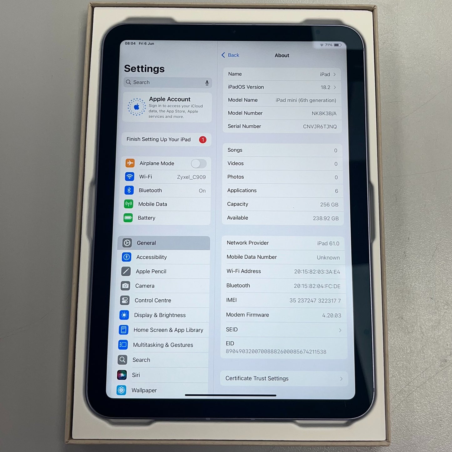 Apple iPad Mini 6th Gen (A2567) 8.3" 256GB - Space Grey, WiFi B