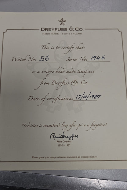 Dreyfuss & Co Hand Made Swiss Watch Series 1946 No.56 Cert 1987 Vintage