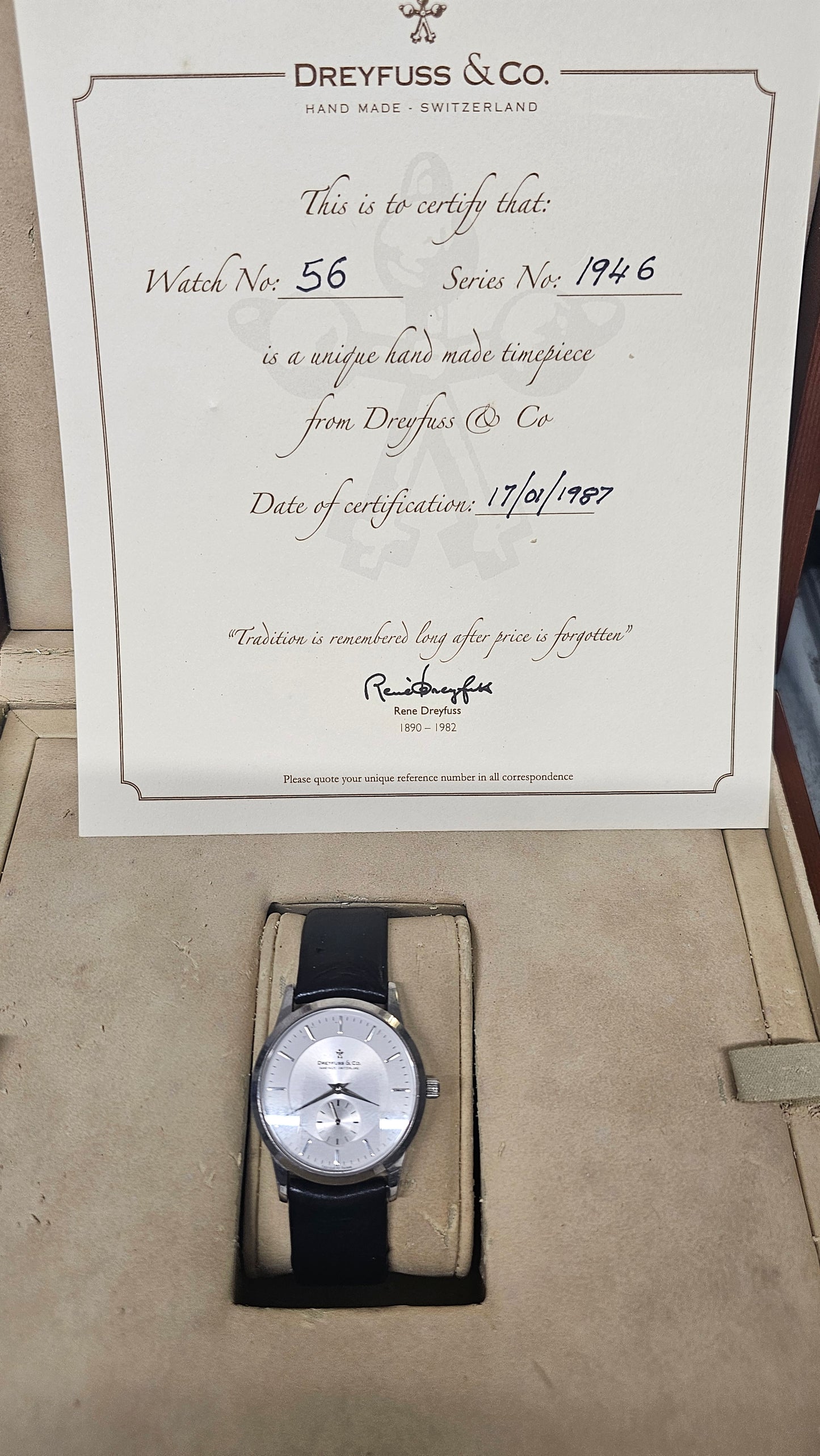 Dreyfuss & Co Hand Made Swiss Watch Series 1946 No.56 Cert 1987 Vintage