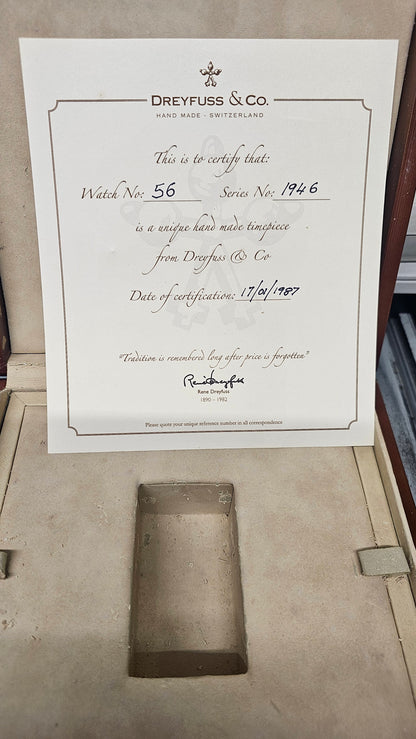 Dreyfuss & Co Hand Made Swiss Watch Series 1946 No.56 Cert 1987 Vintage